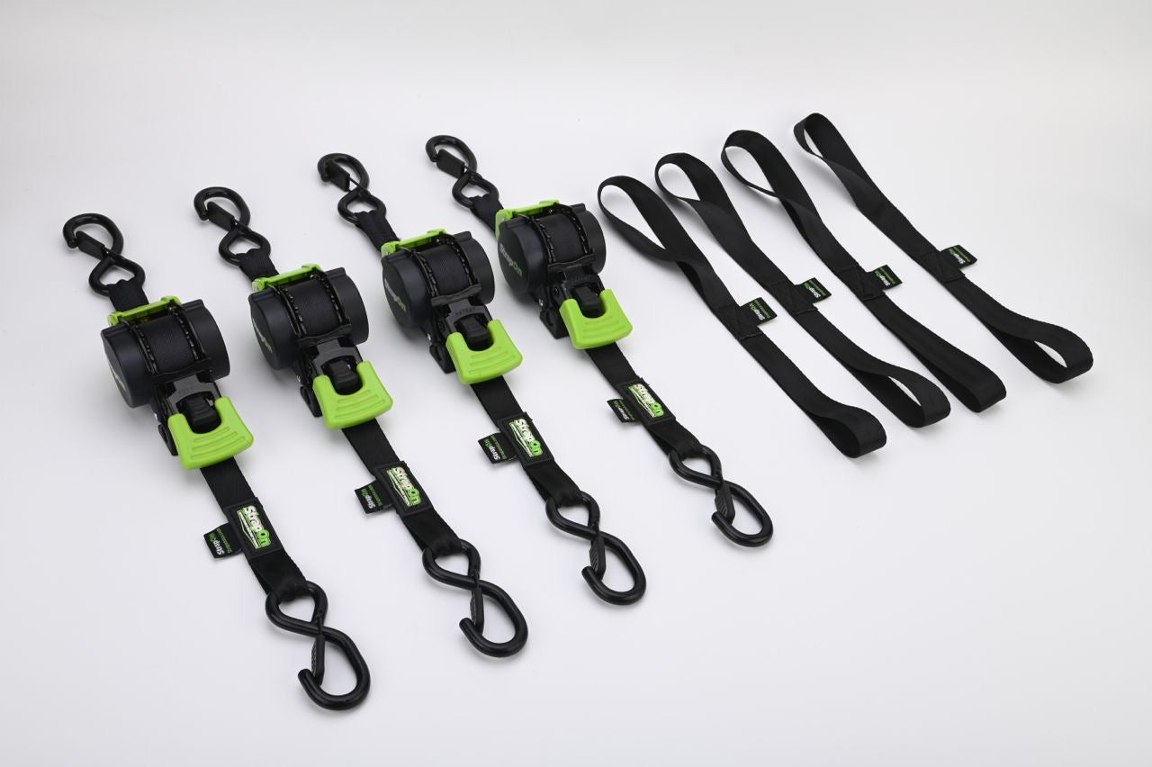 1" x 10' StrapOn Retractable Ratchet Straps | 4-Pack with Storage Bucket